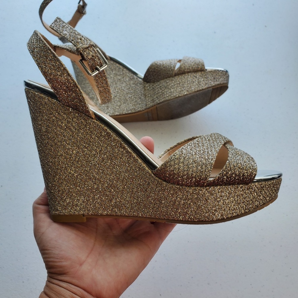 I. Miller Gold Glitter Platform Wedge Sandals Ankle Strap Evening Shoes 7.5M‎